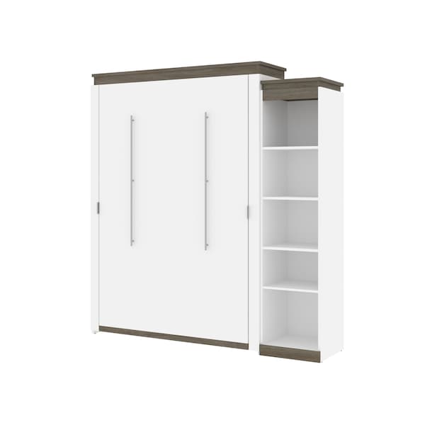 Orion Queen Murphy Bed with Narrow Shelving Unit (85W), White & Walnut Grey